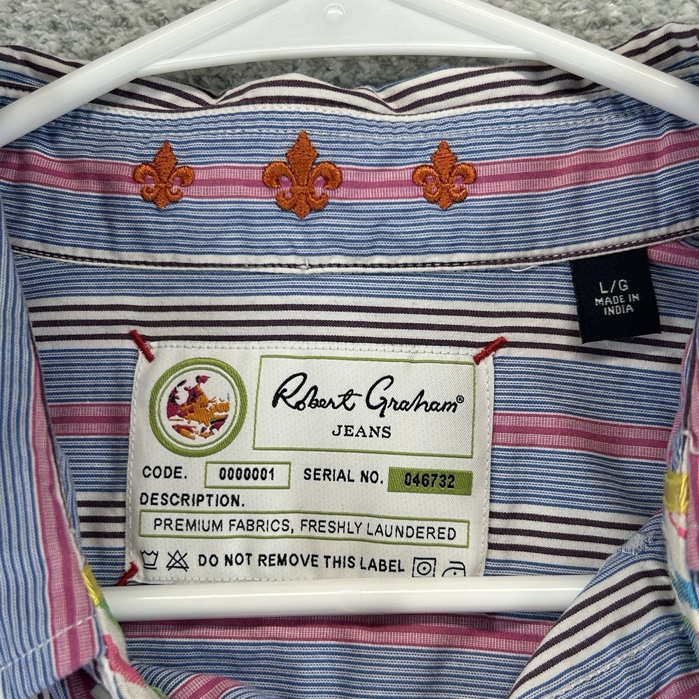 Robert Graham Jeans Button Up Shirt Mens Large Striped Embroidered Diamonds - Picture 11 of 16